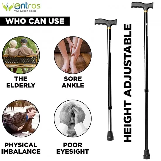 Z 36 Entros Premium Height Adjustable Aluminum L-Shaped Walking Stick (Black) - Image 4
